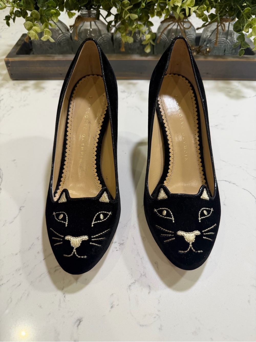 Charlotte Olympia Black Velvet Cat Face Pumbs with Gold Embroidering